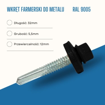 Wkręt farmerski do metalu 5,5X32 mm przewiercalność 12 mm w kolorze RAL 9005